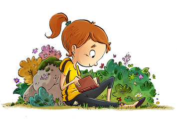 niña leyendo un libro en la naturaleza - 120211591