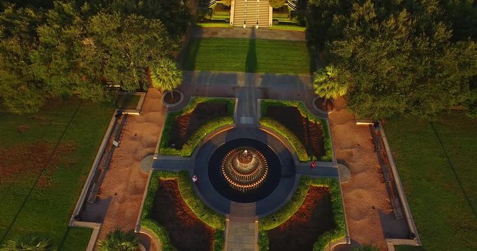 Aerial perspective coming down on the iconic Pineapple Fountain from Charleston, SC. It&rsquo;s located in downtown Charleston in Waterfront Park.