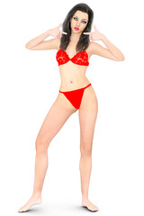 Young beautiful sexy girl in red lingerie. Woman standing in full body in candid provocative pose. Conceptual fashion art. Isolate. Studio, high key. Photorealistic 3D rendering illustration.