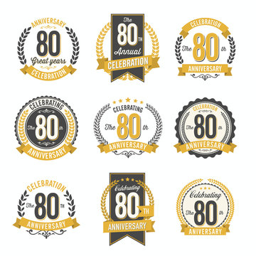 Set of Retro Anniversary Badges 80th Year Celebration