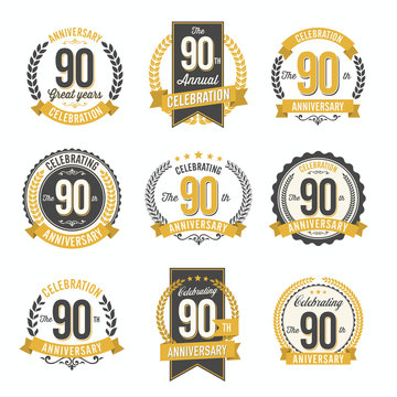 Set of Retro Anniversary Badges 90th Year Celebration
