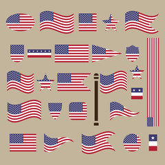 Vintage USA American flag set, isolated on brown background, vector illustration.