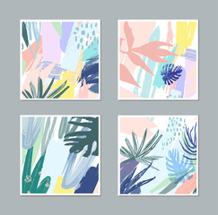 Set of creative universal floral cards in tropical style. Vector