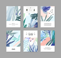 Set of creative universal floral cards in tropical style. Vector