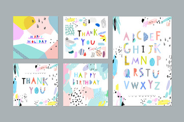 Thank You, Happy Birthday, Happy Holiday cards and posters plus cute alphabet. Vector