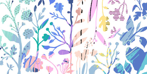 Horizontal banner with beautiful flowers and hand drawn texture. Vector