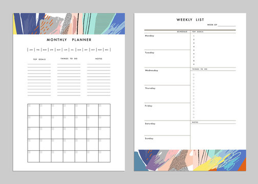Monthly Planner plus Weekly List Templates. Organizer and Schedule. Vector