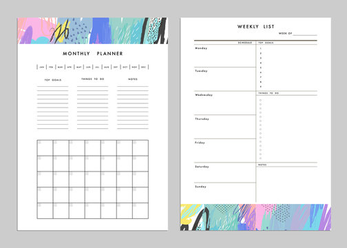 Monthly Planner plus Weekly List Templates. Organizer and Schedule. Vector
