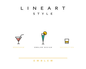 Cocktail wineglass vector icon style line art. Monogram emblem element design style lineart.