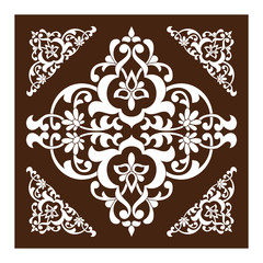 Vector pattern in East, Asia style as a template for tiles, backgrounds, covers, postcards, wallpapers, textiles. White floral swirls on a brown backdrop.