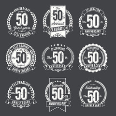 Set of Vintage Anniversary Badges 50th Year Celebration. Black and White.