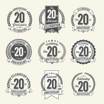 Set of Vintage Anniversary Badges 20th Year Celebration. Black and White.