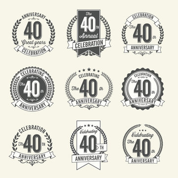 Set of Vintage Anniversary Badges 40th Year Celebration. Black and White.