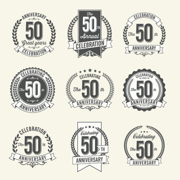 Set of Vintage Anniversary Badges 50th Year Celebration. Black and White.