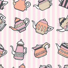 Vintage tea pots seamless pattern
