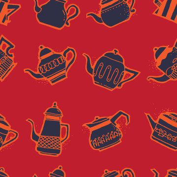 Vintage tea pots seamless pattern