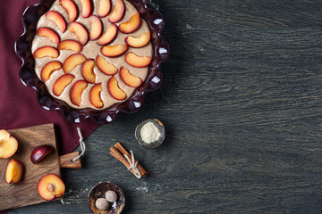 Plum pie cooking process. Pie dish with dough and fruit pieces on dark background