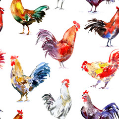 Seamless pattern with rooster.Sketch.Symbol of the new year 2017.Watercolor hand drawn illustration.White background.