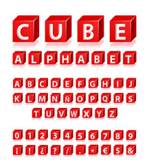 High Quality 3d Red Alphabet, Symbols and Numbers with Cavalier Perspective on White Background.