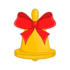 Golden Christmas bell with red bow in cartoon style isolated on white background vector illustration
