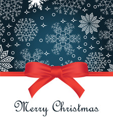 Greeting card with red bow on snowflakes background and copy space