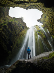 Gljufrabui or Gljufrafoss waterfall near falls of Seljalandsfoss, Iceland 