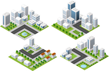 Set 3d isometric three-dimensional city with houses, skyscrapers, buildings and streets with traffic. Top view of urban infrastructure for the creation and design.