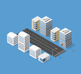 3d isometric three-dimensional urban transport street with houses, skyscrapers. Top view of the city district