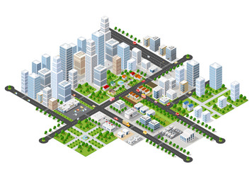 Megapolis 3d isometric three-dimensional view of the city. Collection of houses, skyscrapers, buildings, built and supermarkets with streets and traffic. The stock vector - obrazy, fototapety, plakaty