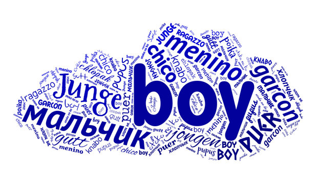 Creative tag cloud filled by word boy in different languages on white background. Vector.
