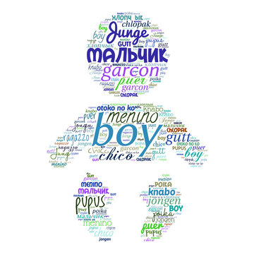 Creative tag cloud filled by word boy in different languages on white background. Vector.