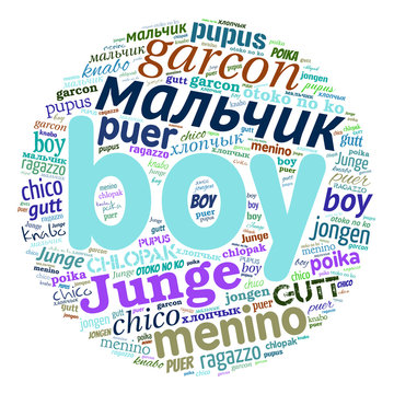 Creative tag cloud filled by word boy in different languages on white background. Vector.