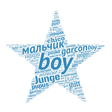 Creative tag cloud filled by word boy in different languages on white background. Vector.