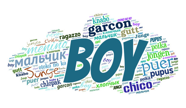 Creative tag cloud filled by word boy in different languages on white background. Vector.