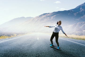 Girl ride skateboard . Mixed media