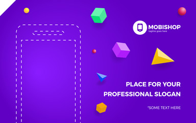 purple background with Geometric Vector elements. Triangles, cube and circle figure for Business Presentations, Application Cover and Web Site Design with place for your phone left
