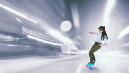 Fototapeta na wymiar Girl ride skateboard . Mixed media