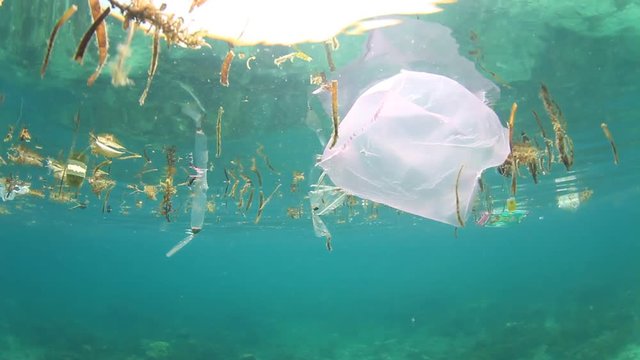 Plastic pollution in ocean. Plastic bags and bottles pollute the sea