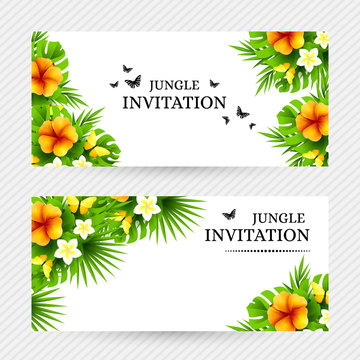 Tropical invitation background with exotic flower and yellow butterflies