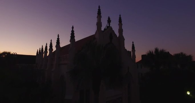 Aerial perspective of the French Huguenot Church in downtown Charleston, SC. The church in the historic French Quarter, and is gothic revival architecture style.