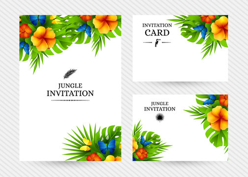 Tropical invitation card with exotic hibiscus flowers and rainbow butterflies
