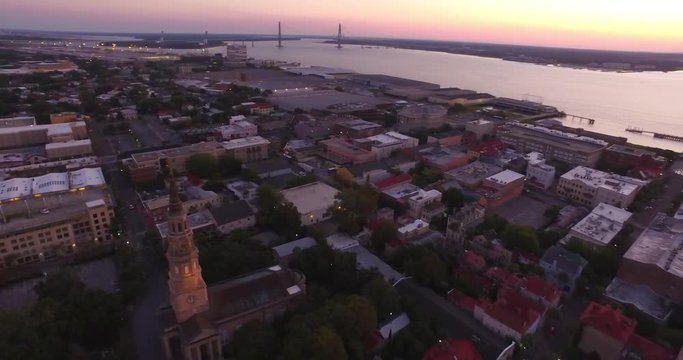 Aerial perspective of the French Huguenot Church in downtown Charleston, SC. The church in the historic French Quarter, and is gothic revival architecture style.