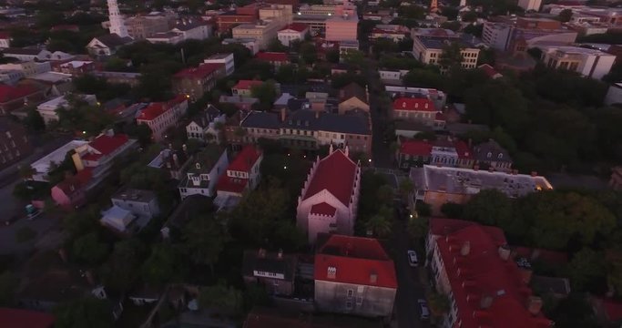 Aerial perspective of the French Huguenot Church in downtown Charleston, SC. The church in the historic French Quarter, and is gothic revival architecture style.