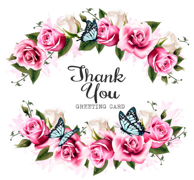 Thank You background with beautiful roses and butterflies. Vecto