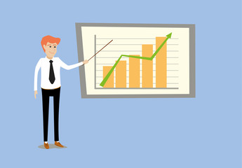 flat cartoon vector illustration of young business man making presentation by point at graph bar chart in front of whiteboard