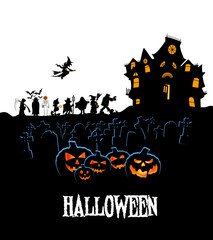  halloween walk on cemetery with pumpkins and haunted house 