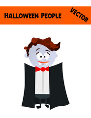 Isolated Festive Orange October Vector Halloween People Illustration with a Kid Wearing Halloween Vampire Costume: Black Coat, Vampire Teeth, Red Bow, Blue Skin and Scars
