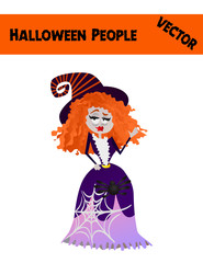 Isolated Festive Orange October Vector Halloween Woman Illustration with a Wife Wearing Halloween Witch Costume: Funny Witch Hat, Fancy Dress, Spider, Blue Skin, Orange Hair and Spider Web