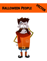 Isolated Festive Orange October Vector Halloween Guy Illustration with a Man Wearing Halloween Zombie Costume: Funny Boots, Red Scarf, Mustache, Blue Skin and Scars