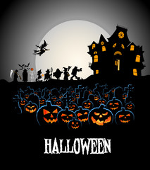  halloween walk on cemetery with pumpkins and haunted house 